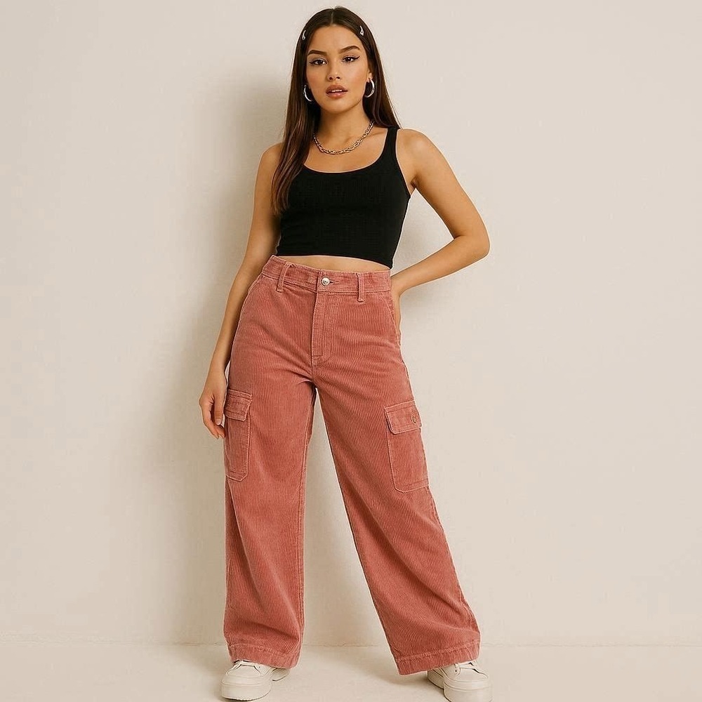 American Eagle Cargo Pant Women 10 Pink Super Hi Rise Baggy Wide Leg Corduroy